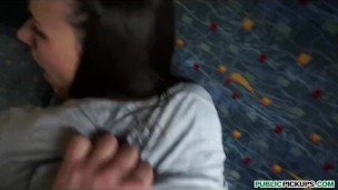 HOT busty brunette student is paid for sex while riding the train