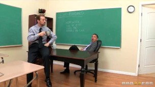 Busty brunette college Dean Phoenix Marie takes two cocks at work