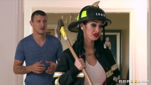Busty brunette firefighter Angelina V squirts hard on a big-dick