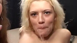 Two babes taking group blowjob and tons of wet jizz