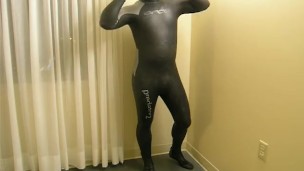 Completing the transformation as I change into orca predator wetsuit