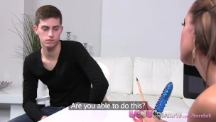 Love Creampie Female casting agent in stockings fucks amateur stud for job