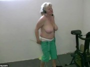 Chubby Grandma does strip in home gym