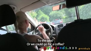 Girlfriends Lesbians have threesome on car backseat