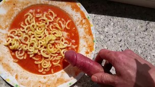 Rock Hard Cock Cums On Pasta !!!