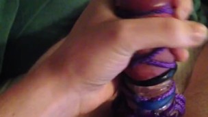 Tied up with 6 cock rings on cumshot!
