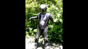 Horny biker wearing morphsuit under his leathers needs to jerk off
