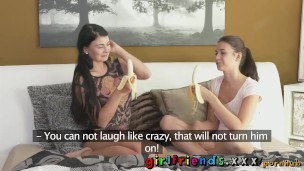 Cute blondes banana blowjob lesson