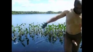 fishnet pantyhose jerk off in lake