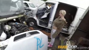 Fake Cop Busty blonde fucked in junk yard