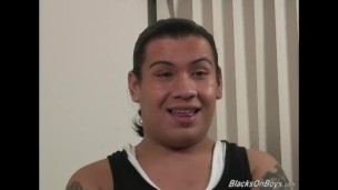 Long haired latino dude takes a black cock up his ass