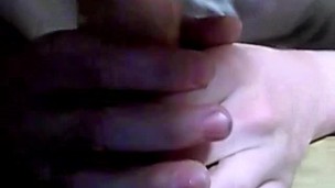 Guys strokes dick while blowing dildo