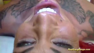 tattooed redhead loves hard gangbang