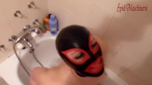 Superhero latex mask slut's great piss adventure