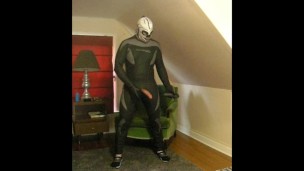 wetsuited lucha libre skeleton masked frogman playing with his cock