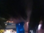 Sucking on "big blue" dildo