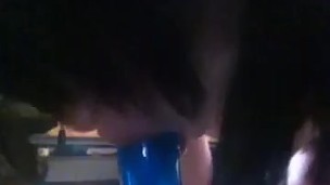 Sucking on "big blue" dildo