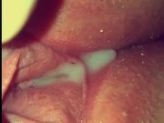 Pushing his big deep cum out my bbw pussy