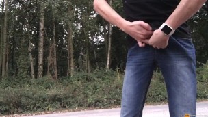 Single boy is pissing in public hoping to caught by a piss lover