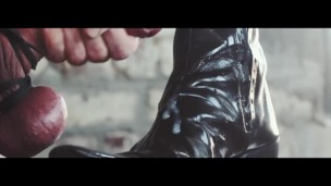 Stunning young cock fucking and jerking off on leather boots