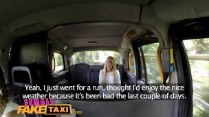 FemaleFakeTaxi Blonde Fitness babe loves big tits and eating pussy in taxi