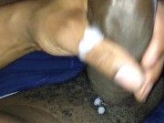 Blue boxers busting a nut