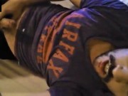 Handsome Guy Jerking Off his Cock at Home, Tongue Out and Cum into Shirt