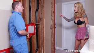 Sexy MILF Sarah pays her plumber with her tight pussy