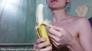 Boy first time sucking big banana dildo