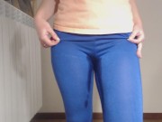 Pee / wetting in blu yoga pants 4/16