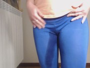 Pee / wetting in blu yoga pants 6/16