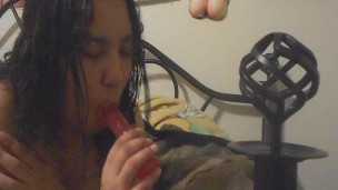 Chubby  Gives Dildo a BJ And a Handjob
