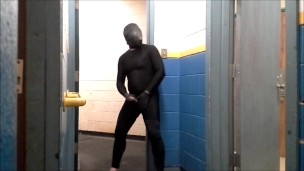 risky masked jerk off in gym hall
