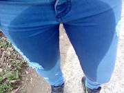 Pee in jeans outdoor