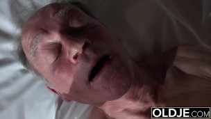 Grandfather fucks the hot maid fingers her young pussy and gets blowjob