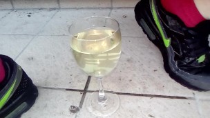 Outdoor: pee in goblet on balcony