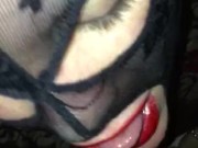 Red lipstick on husband cock