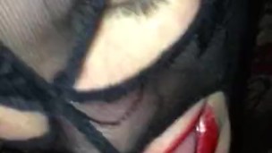 Red lipstick on husband cock