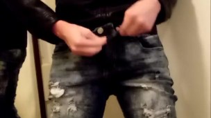 Jerking off in Leather Jacket and Ripped Jeans