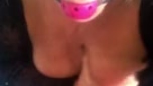 fem boi caged in chastity and gagged hurts herself