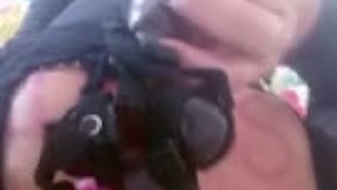 tranny fucks her face with double dildo