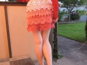 Teen teasing pussy in public