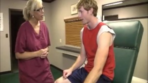 Blonde nurse strokes a big cock asking for a big cum