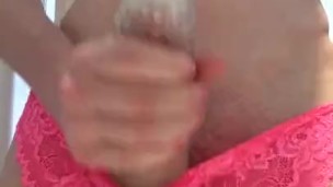 Playing in panties with toy and a chest cumshot finish!