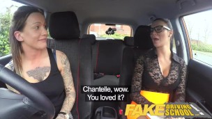 Fake Driving School New driver gets a crash course in strap on lesbian fuck