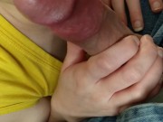 submissive takes her time polishing Sir's cock and plays with his Gift 2/16