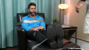 Business man Blayne tied up with duct tape and feet licked