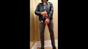 Rubbing Cock on Leather Jacket in Public