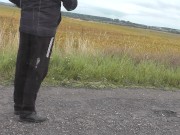 Sexy MILF stopped car, fingers masturbates wet pussy. Random passerby watches. Public masturbation 10/16