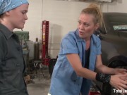 Slutty lesbians having fun in the public garage